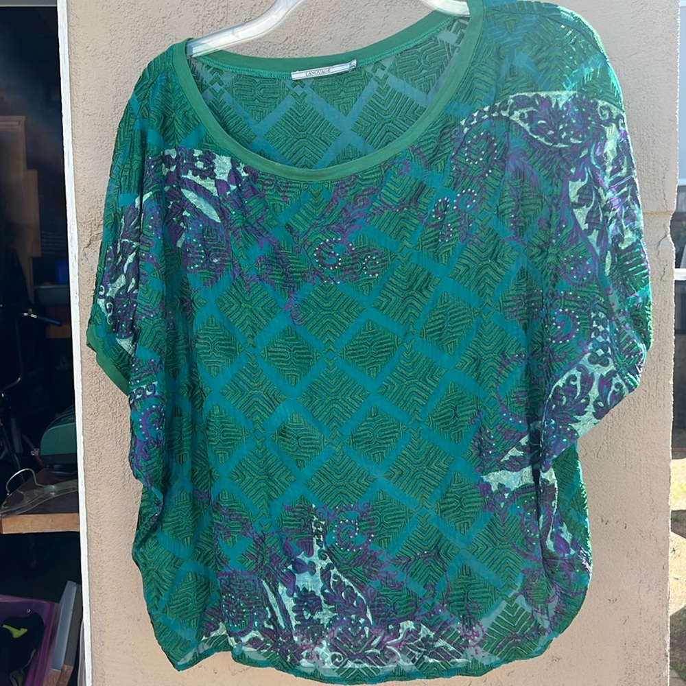 Language silk woven top blouse pattern green purple